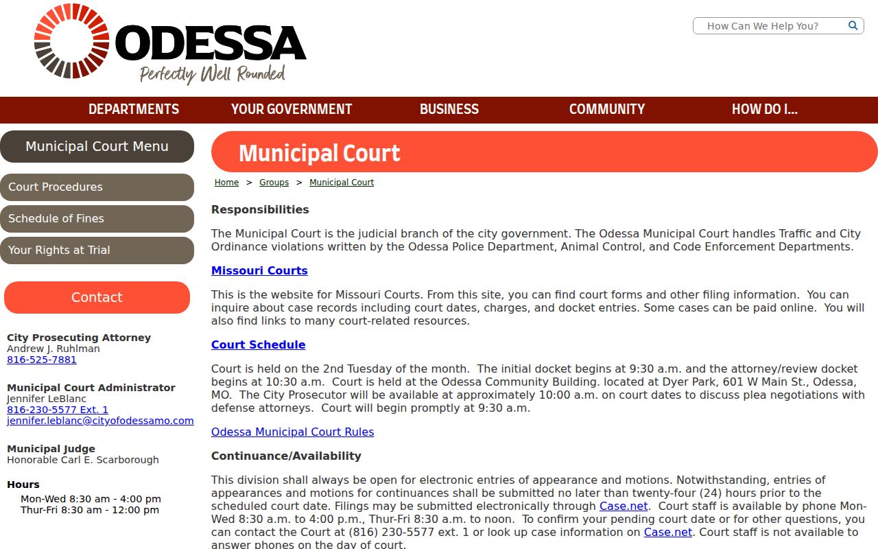 Odessa Missouri Municipal Court schedule and contact