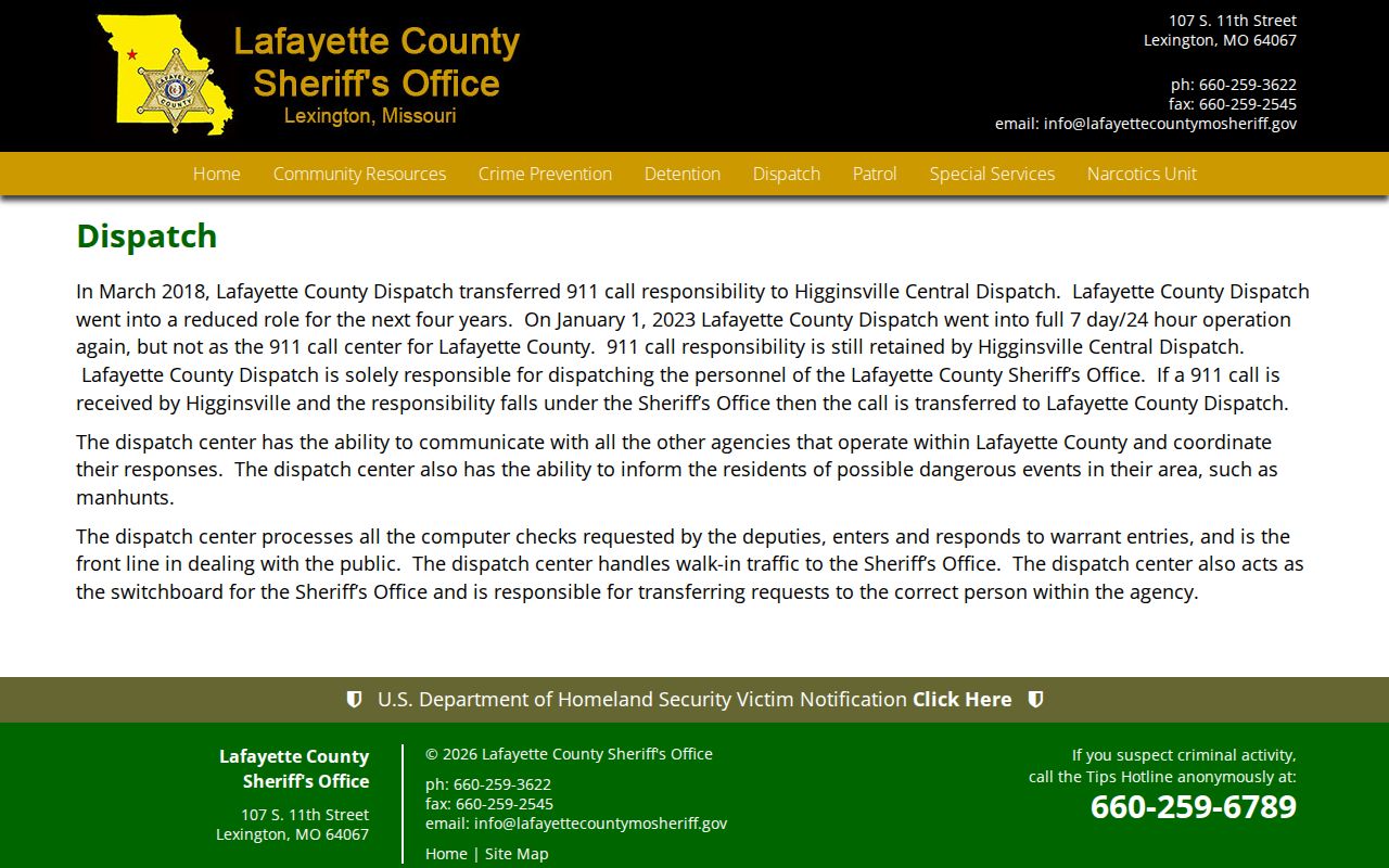 Lafayette County Sheriff dispatch duties and contact information